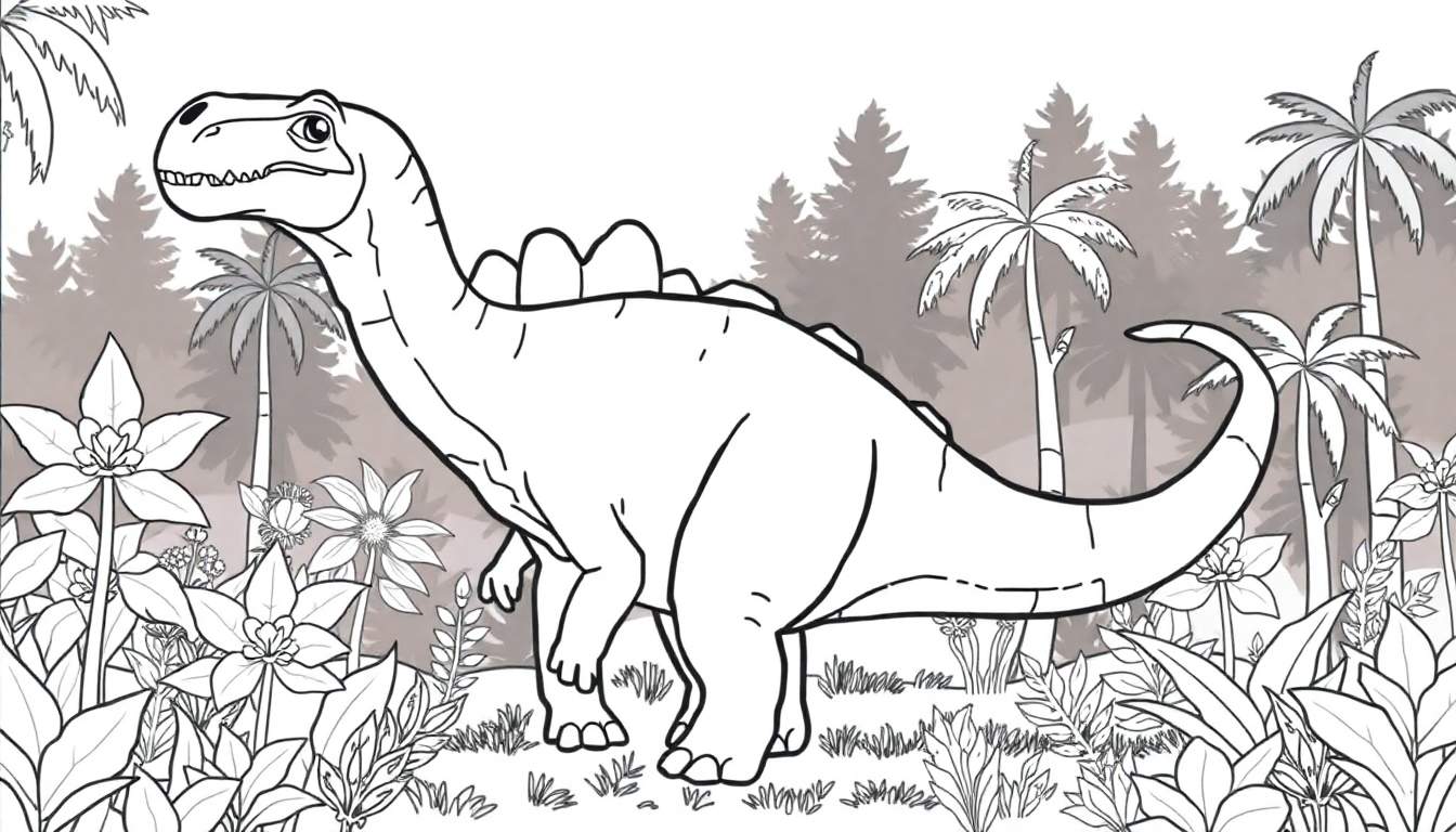 Desenho em linha de um dinossauro herbívoro volumoso e pacífico com um pescoço longo, uma crista nas costas e vegetação exuberante ao redor, pronto para colorir em um painel de cores.
