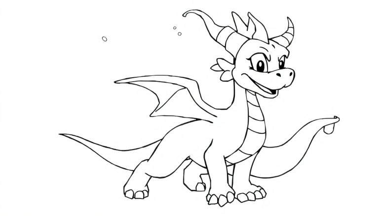 Um dragão amigável em estilo de desenho animado, com contorno preto sobre fundo branco, pronto para a colorir.