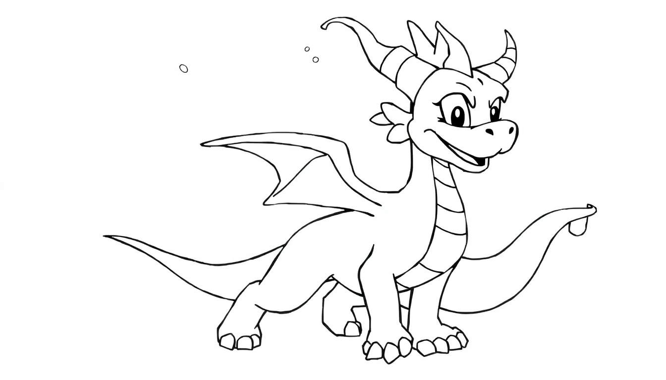 Um dragão amigável em estilo de desenho animado, com contorno preto sobre fundo branco, pronto para a colorir.