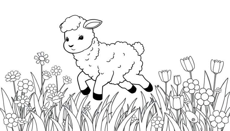 Um fofo cordeirinho branco e preto pulando alegremente num campo com flores desenhadas a preto e branco, pronto para ser colorido.