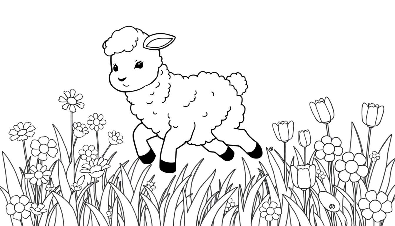 Um fofo cordeirinho branco e preto pulando alegremente num campo com flores desenhadas a preto e branco, pronto para ser colorido.