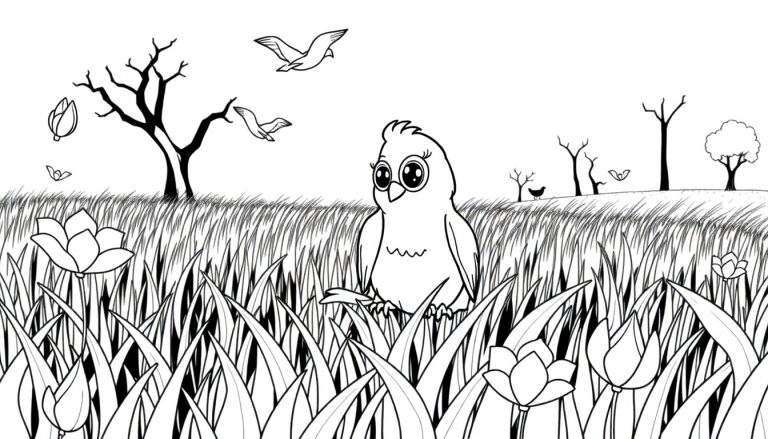Cena campestre em preto e branco com grama alta, flores, um pássaro curioso e árvores ao fundo, pronta para colorir com um color panel.