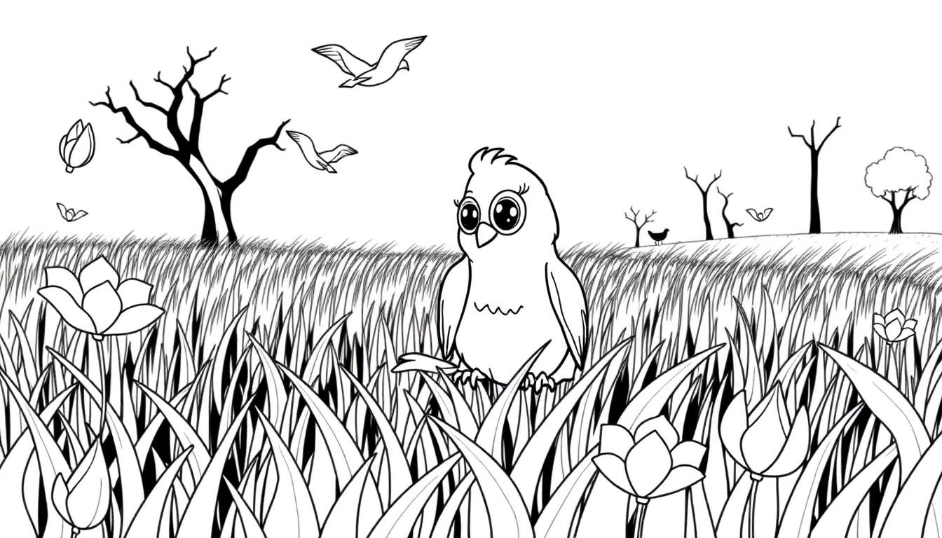 Cena campestre em preto e branco com grama alta, flores, um pássaro curioso e árvores ao fundo, pronta para colorir com um color panel.