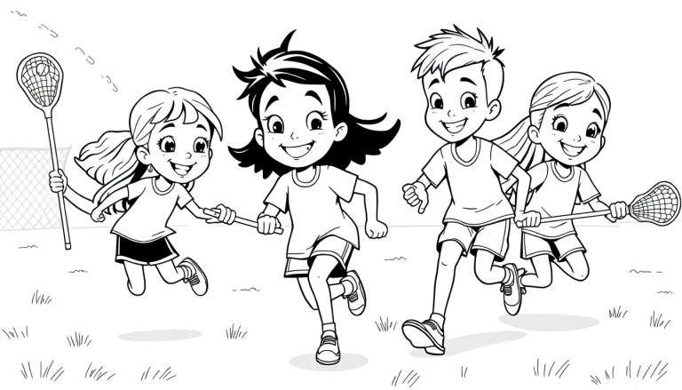 Ilustração em preto e branco de quatro crianças correndo em um campo de grama com tacos de lacrosse, um color panel animado.