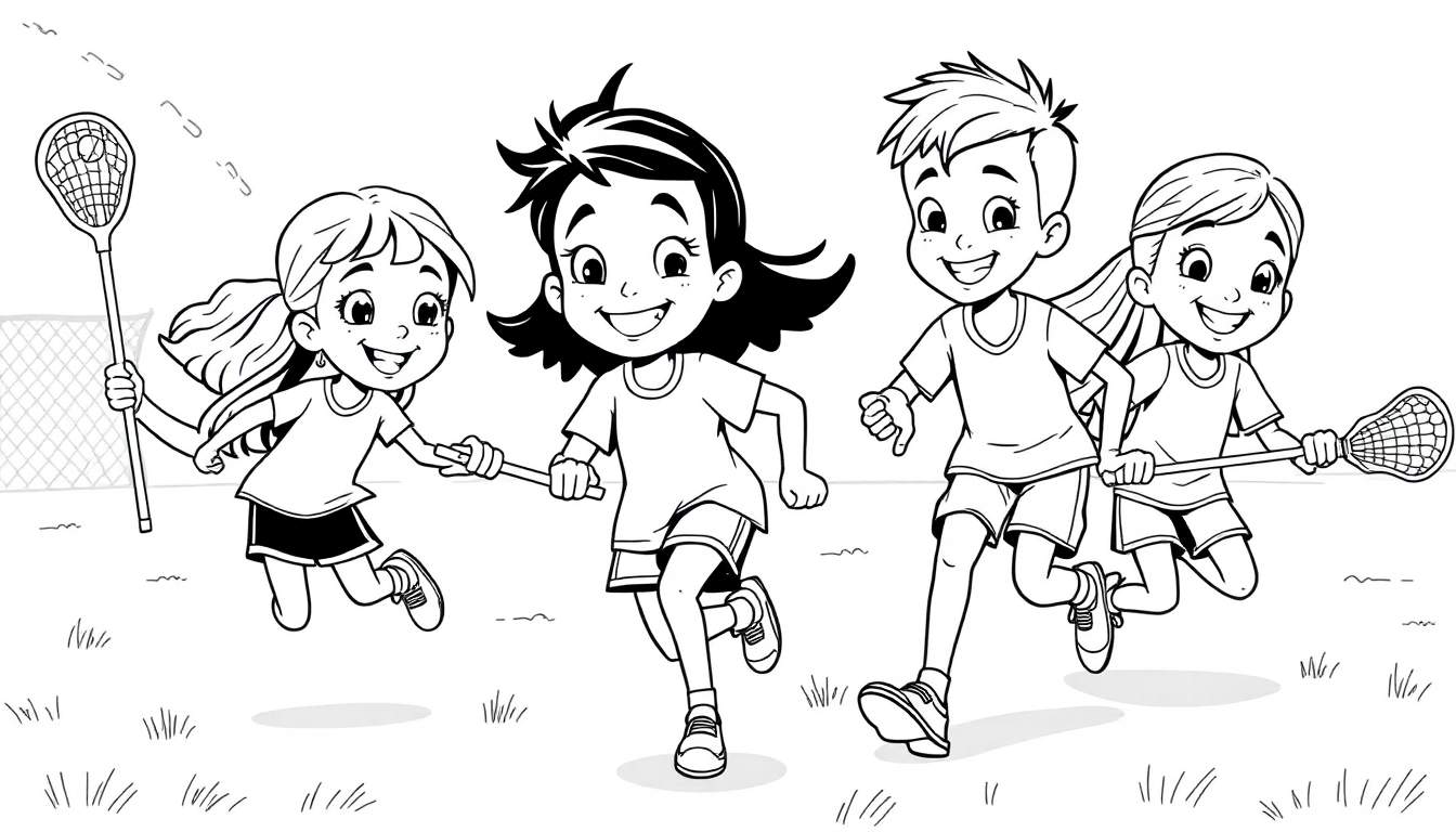 Ilustração em preto e branco de quatro crianças correndo em um campo de grama com tacos de lacrosse, um color panel animado.