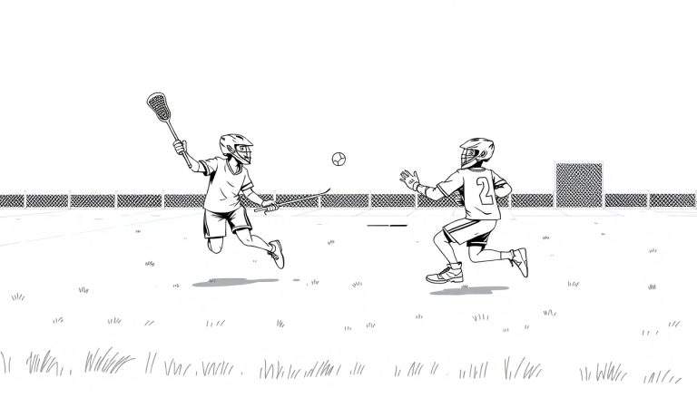 Um jogo de lacrosse animado em preto e branco, com um jogador no ar e outro correndo, a bola entre eles e uma cerca e rede de lacrosse ao fundo.