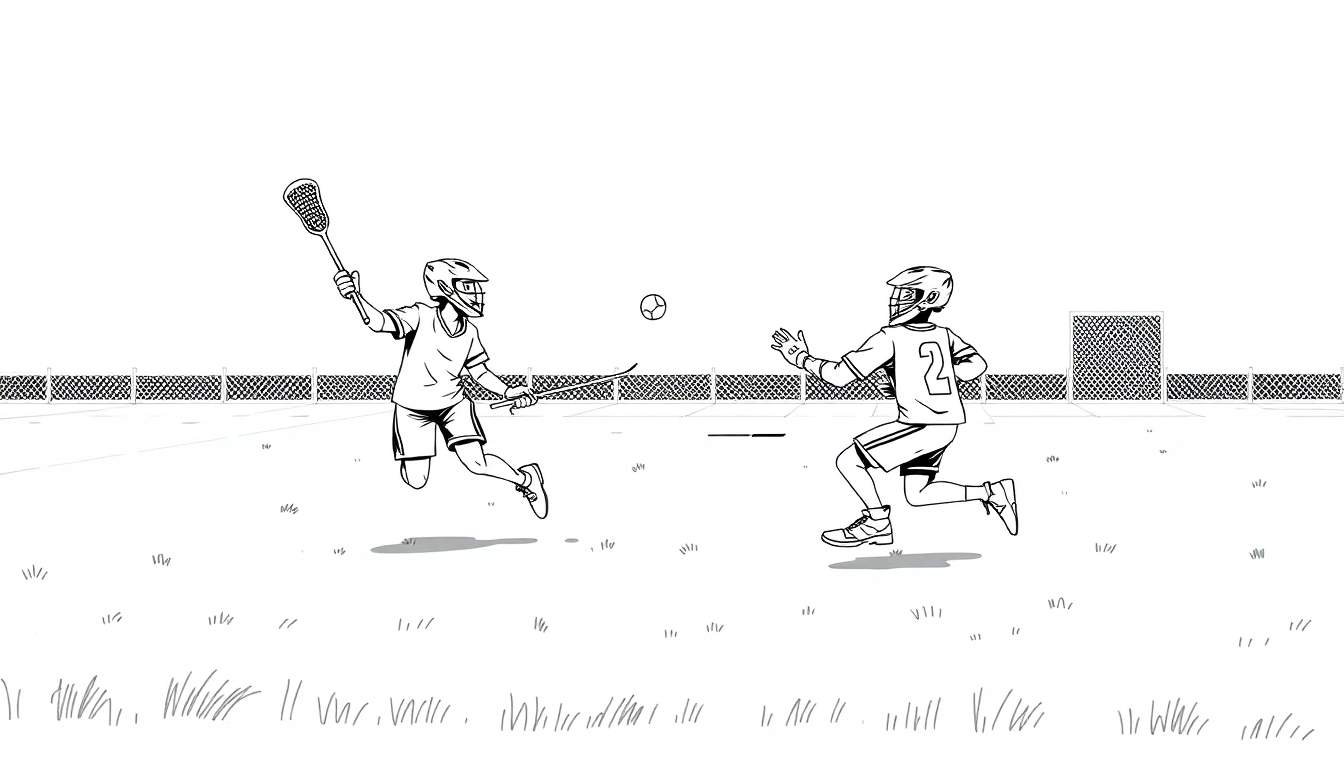 Um jogo de lacrosse animado em preto e branco, com um jogador no ar e outro correndo, a bola entre eles e uma cerca e rede de lacrosse ao fundo.