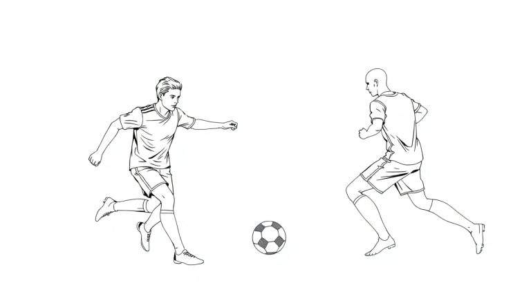 Dois jogadores de futebol correndo em um campo, um atrás da bola e outro correndo na direção oposta, em estilo de ilustração preto e branco. O jogador à esquerda está com o braço estendido em direção à bola. O jogador à direita é careca.