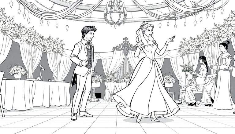 Uma ilustração em estilo de livro de colorir de um príncipe e uma princesa dançando em um salão de baile luxuoso, com damas de honra e convidados ao redor. A imagem tem contornos fortes e áreas em branco, prontas para serem coloridas.