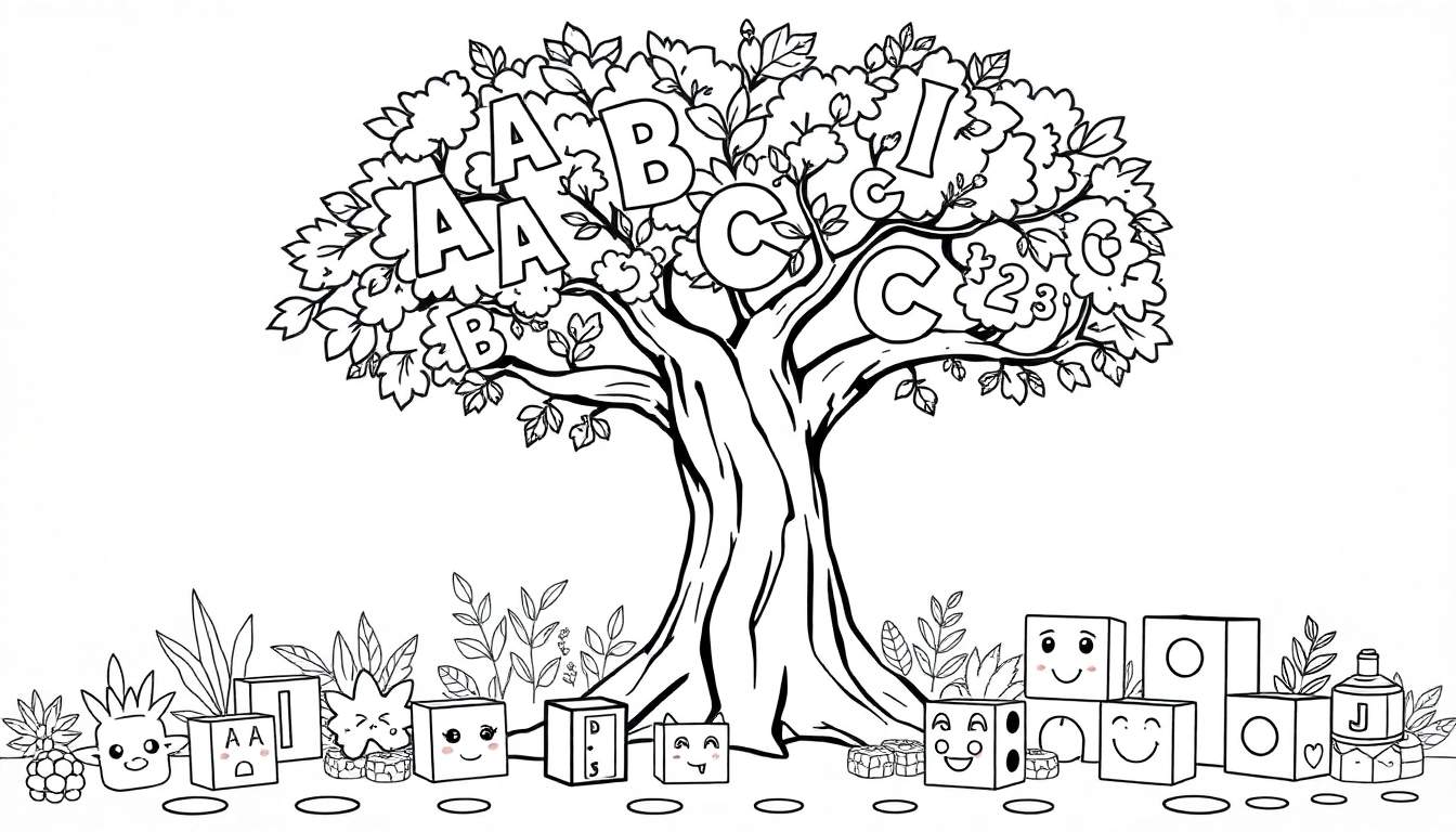 Ilustração de livro de colorir em preto e branco com uma árvore central cheia de letras e números nas folhas, blocos com rostos sorridentes e elementos decorativos na base, e círculos vazios ao fundo. Um convite divertido para a aprendizagem.