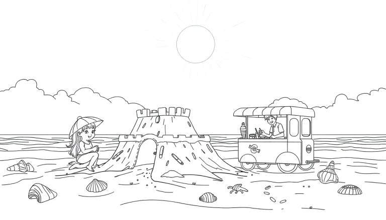 Uma menina em um color panel de praia com um guarda-chuva, perto de um castelo de areia e um carrinho de comida com um vendedor.
