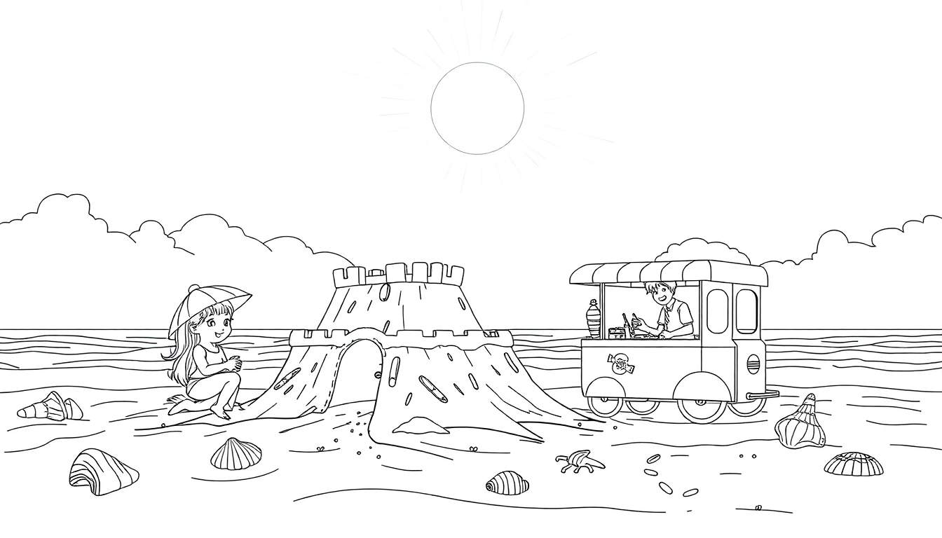 Uma menina em um color panel de praia com um guarda-chuva, perto de um castelo de areia e um carrinho de comida com um vendedor.