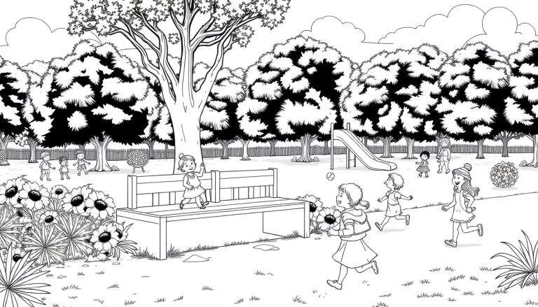 Um parque em preto e branco cheio de crianças a brincar, com uma menina a correr com uma bola e outra a saltar de um banco. Uma árvore grande está no centro.