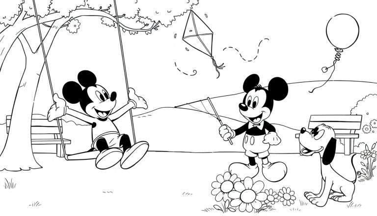 Um desenho em preto e branco de Mickey Mouse balançando e segurando uma rede de borboletas, com Pluto ao seu lado, em um parque ensolarado. Há também um banco de parque, flores e um balão no céu.