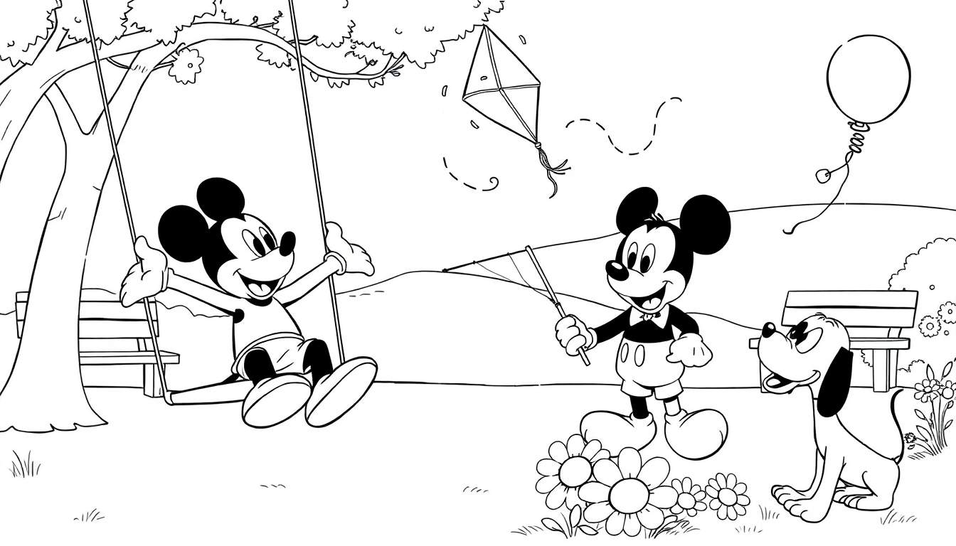 Um desenho em preto e branco de Mickey Mouse balançando e segurando uma rede de borboletas, com Pluto ao seu lado, em um parque ensolarado. Há também um banco de parque, flores e um balão no céu.