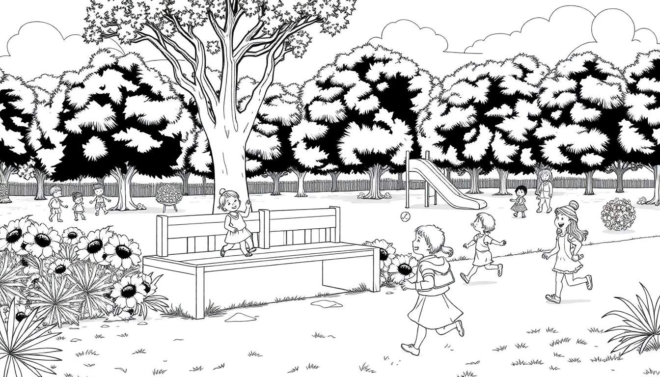 Um parque em preto e branco cheio de crianças a brincar, com uma menina a correr com uma bola e outra a saltar de um banco. Uma árvore grande está no centro.