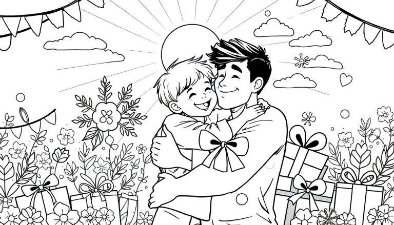 Ilustração em preto e branco de um pai abraçando seu filho sorridente sob um sol radiante, com flores e presentes ao redor, em um estilo de colorir, parte de um color panel.