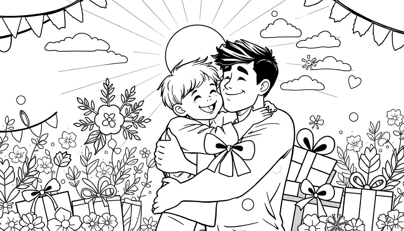 Ilustração em preto e branco de um pai abraçando seu filho sorridente sob um sol radiante, com flores e presentes ao redor, em um estilo de colorir, parte de um color panel.