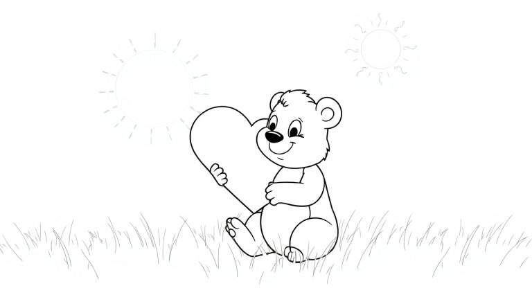 Um urso de pelúcia sentado na grama segurando um balão em forma de coração sob dois sóis, um design em preto e branco para um painel de colorir.
