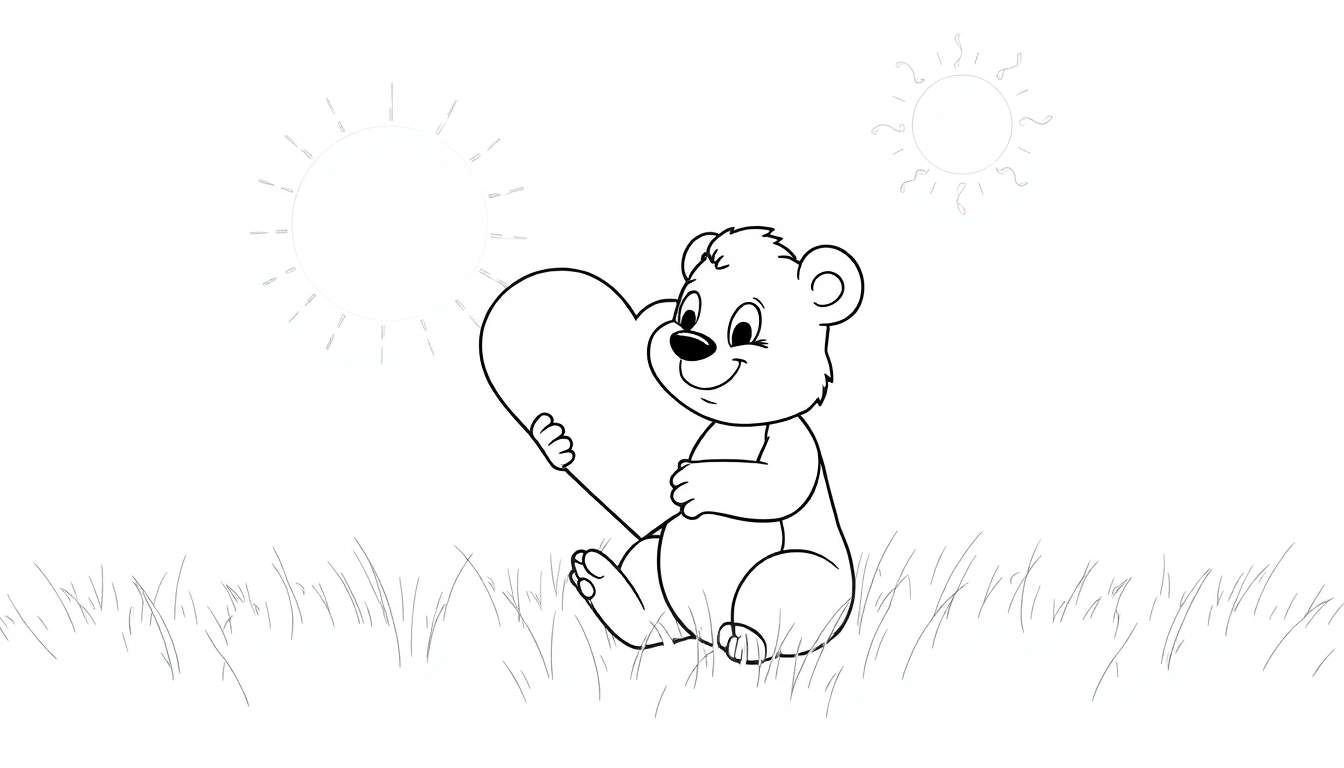 Um urso de pelúcia sentado na grama segurando um balão em forma de coração sob dois sóis, um design em preto e branco para um painel de colorir.