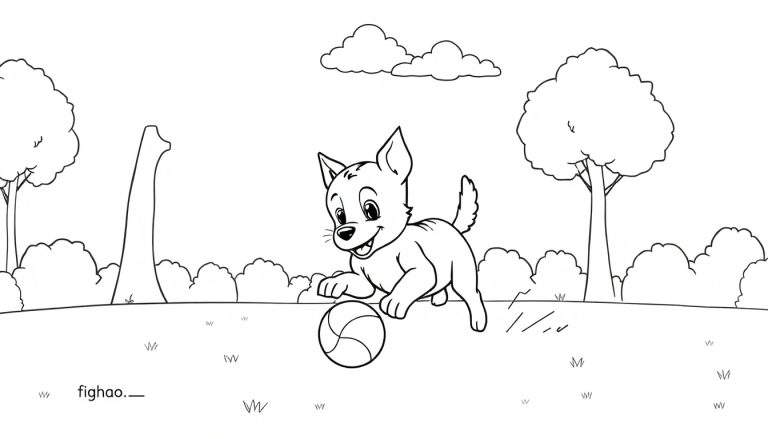 Um filhote feliz com a língua para fora brinca com uma bola em um parque com árvores e nuvens ao fundo. O desenho é em preto e branco, estilo color panel.