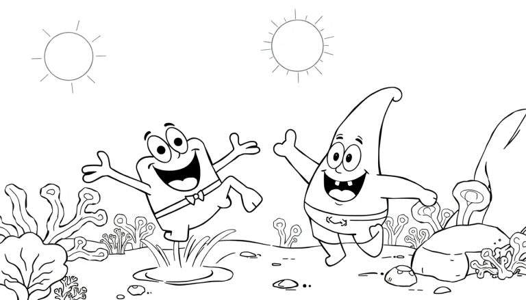 Bob Esponja e Patrick dançando em um color panel aquático, com algas e dois sóis.