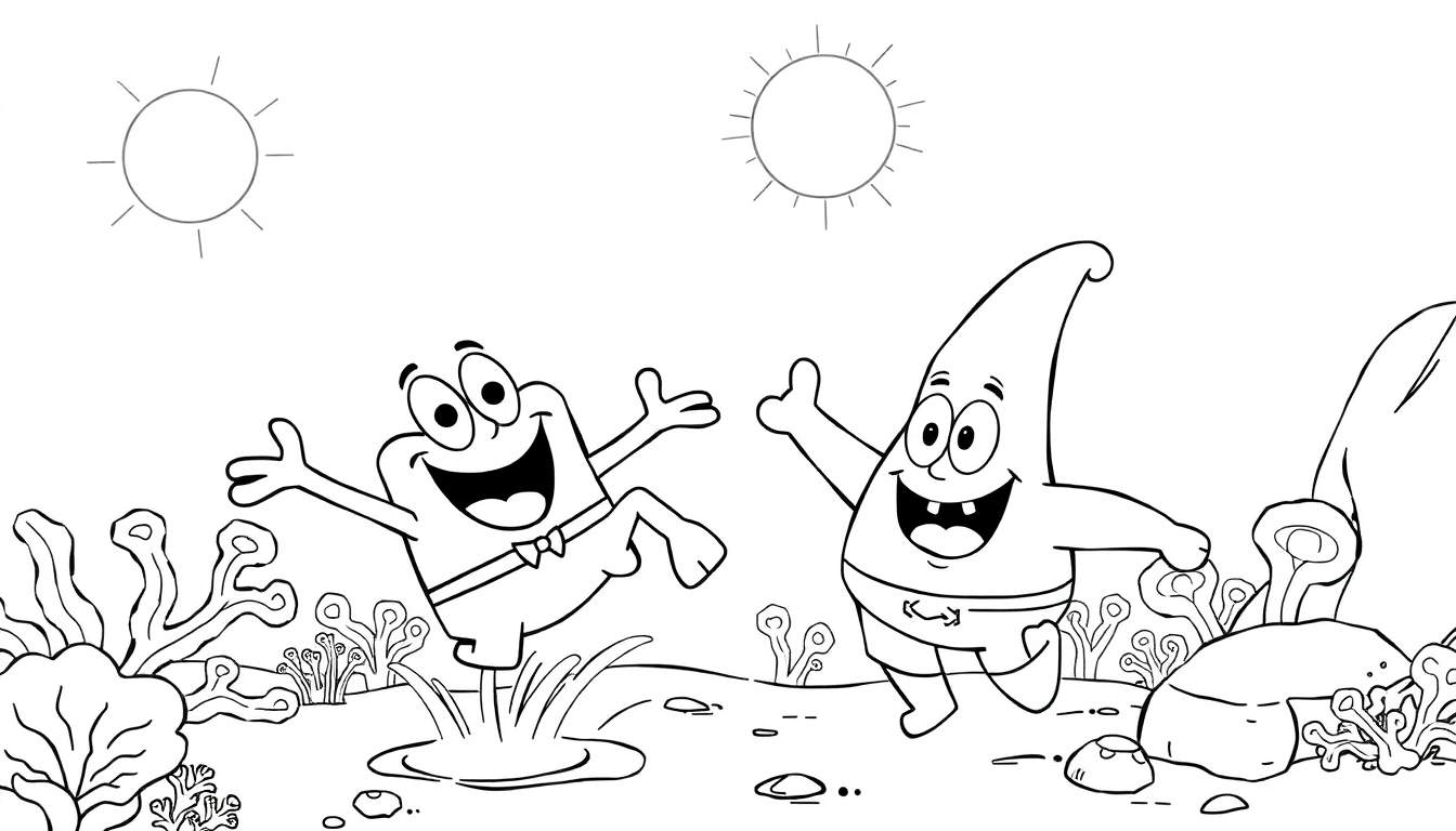Bob Esponja e Patrick dançando em um color panel aquático, com algas e dois sóis.
