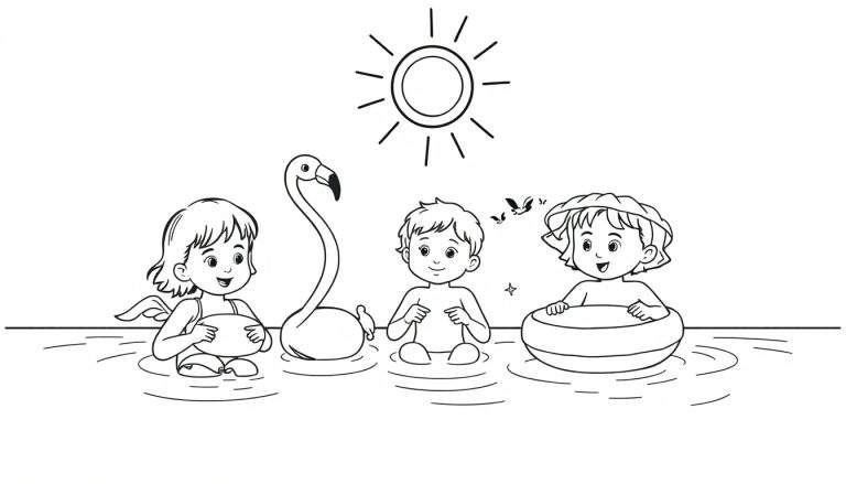 Um desenho em preto e branco de três crianças a brincar na água, com um sol sorridente por cima. Um color panel para colorir.