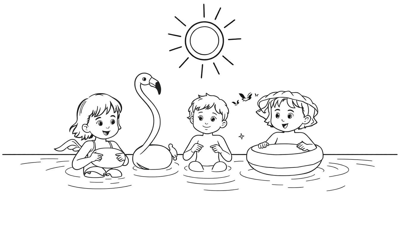 Um desenho em preto e branco de três crianças a brincar na água, com um sol sorridente por cima. Um color panel para colorir.