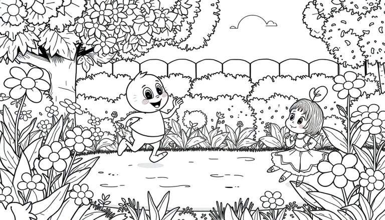 Crianças brincando em um jardim para colorir, com flores, árvores e uma cerca.