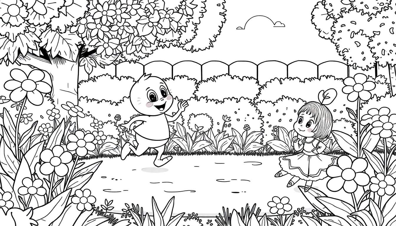 Crianças brincando em um jardim para colorir, com flores, árvores e uma cerca.