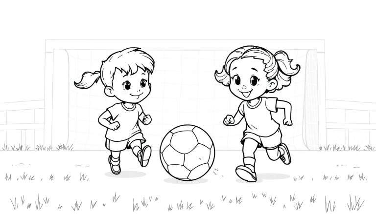Duas meninas em estilo de desenho animado jogando futebol em um campo gramado. Um gol está ao fundo. A imagem é em preto e branco, com traços marcantes e expressões alegres. Este é um color panel.