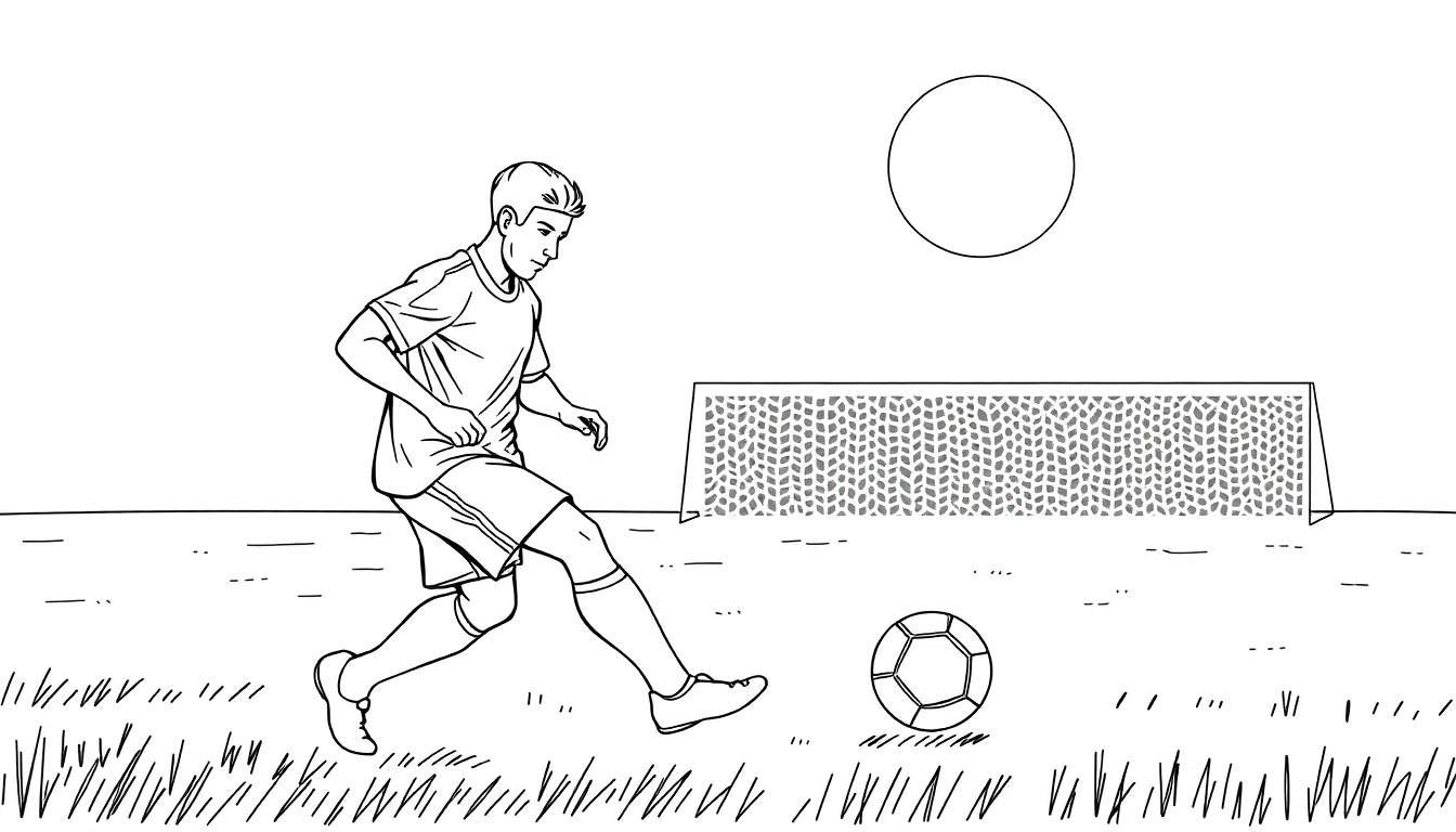 Um jogador de futebol em um color panel, prestes a chutar a bola em um dia ensolarado.