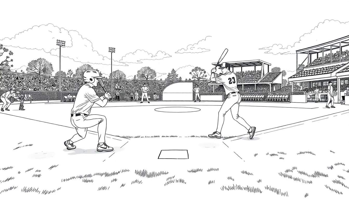 Ilustração em preto e branco de um jogo de beisebol, com arremessador e batedor em primeiro plano, e arquibancadas lotadas ao fundo. Inclui um color panel.