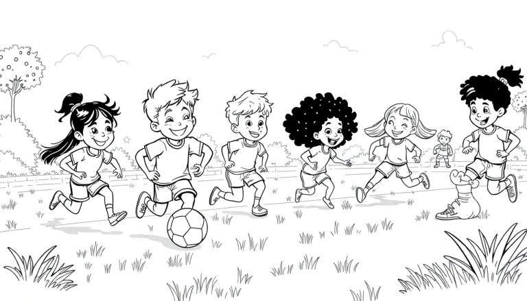 Um painel a preto e branco mostrando crianças a jogar futebol num parque, com uma bola de futebol em primeiro plano. Painel a cores.
