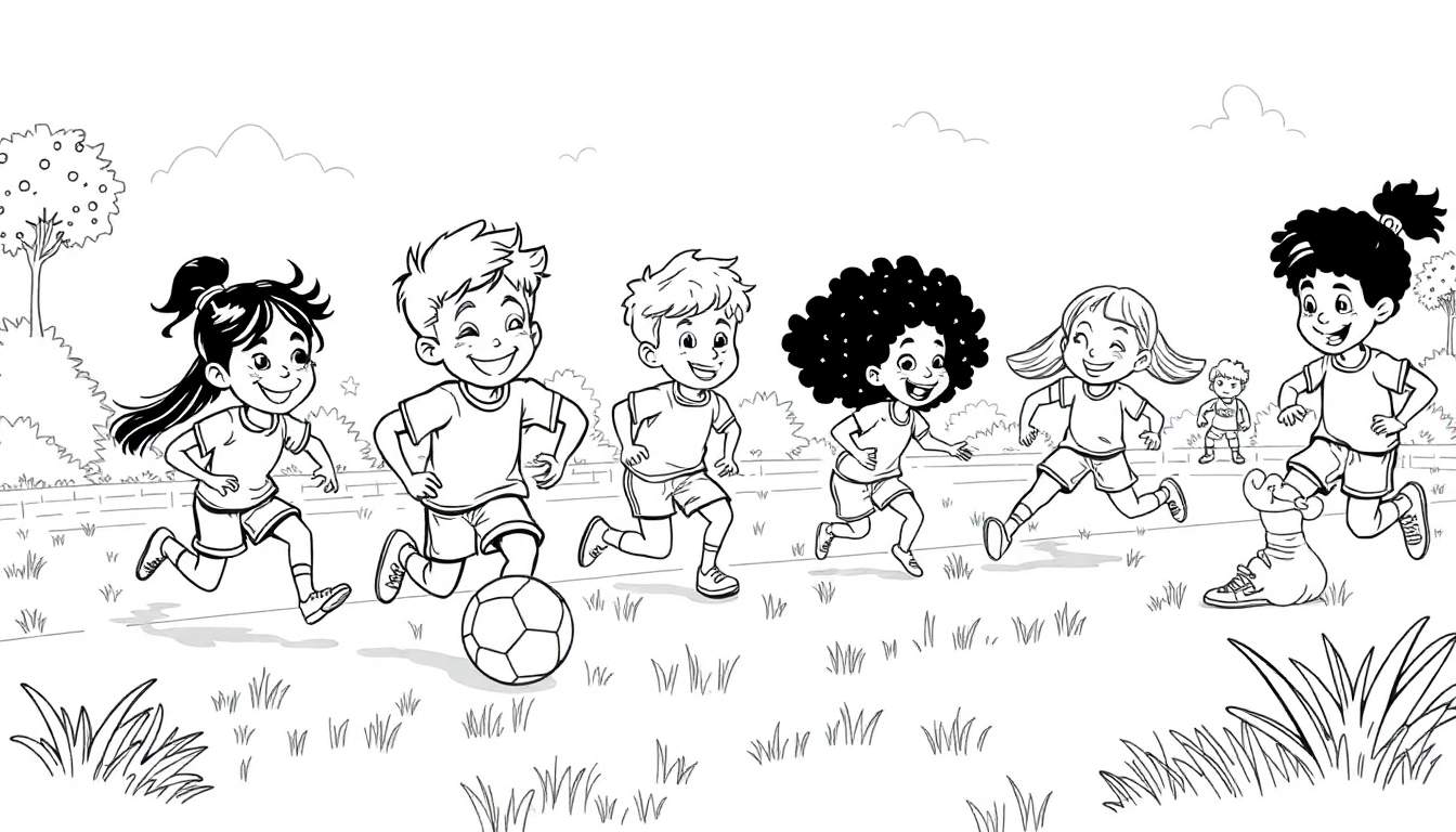 Um painel a preto e branco mostrando crianças a jogar futebol num parque, com uma bola de futebol em primeiro plano. Painel a cores.