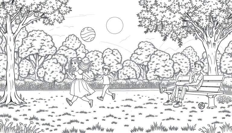 Menina e menino correndo atrás de uma bola, um menino sentado em um banco de parque, tudo em estilo de desenho animado em preto e branco.