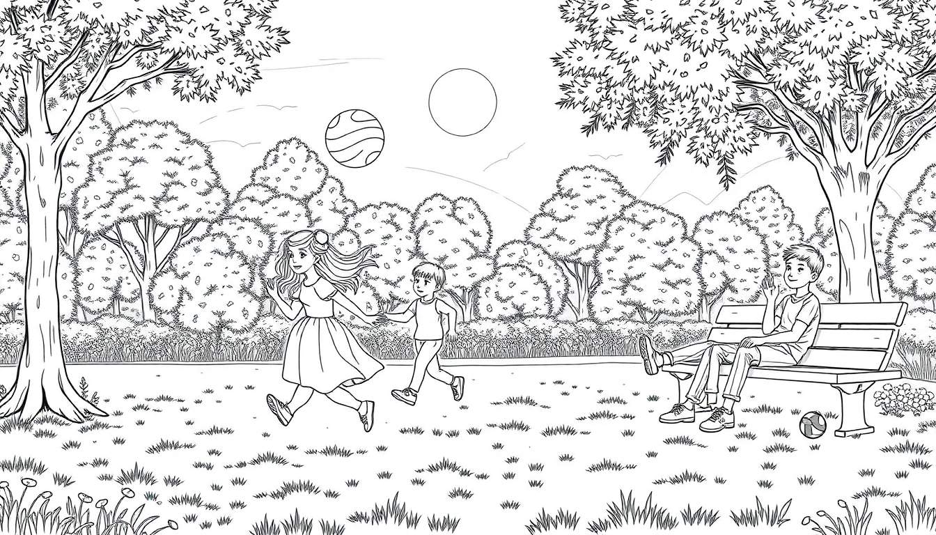 Menina e menino correndo atrás de uma bola, um menino sentado em um banco de parque, tudo em estilo de desenho animado em preto e branco.