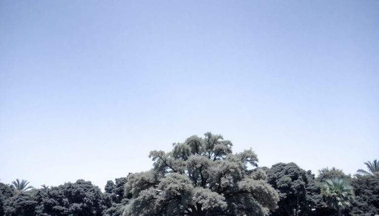 Um céu azul vibrante com uma linha de árvores na parte inferior, destacando a árvore central maior e mais arredondada. Este color panel minimalista enfatiza as cores e formas.