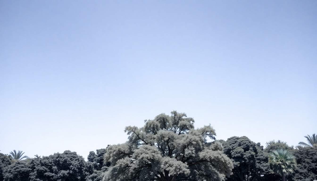 Um céu azul vibrante com uma linha de árvores na parte inferior, destacando a árvore central maior e mais arredondada. Este color panel minimalista enfatiza as cores e formas.