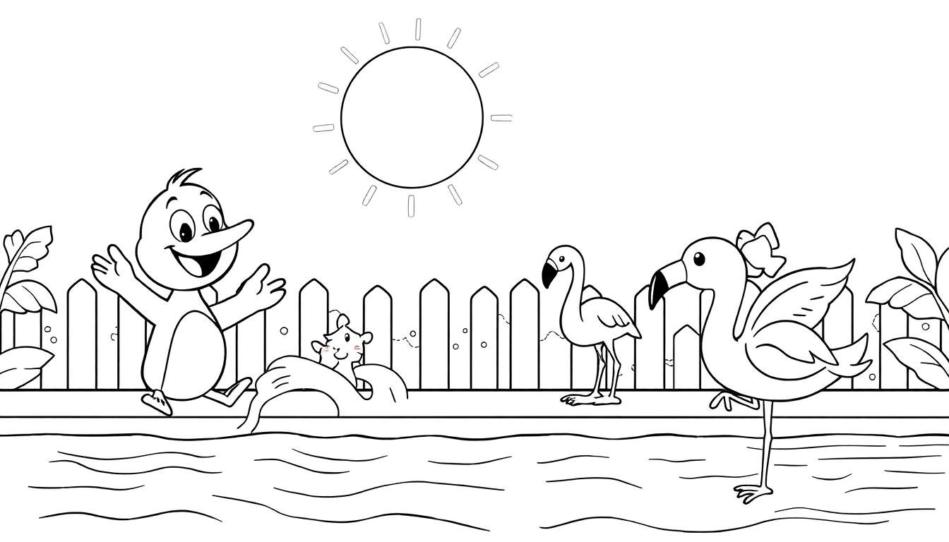 Um color panel de um dia de verão com um sol sorridente, um pássaro animado à beira de uma piscina com um rato a nadar, e dois flamingos à espera.