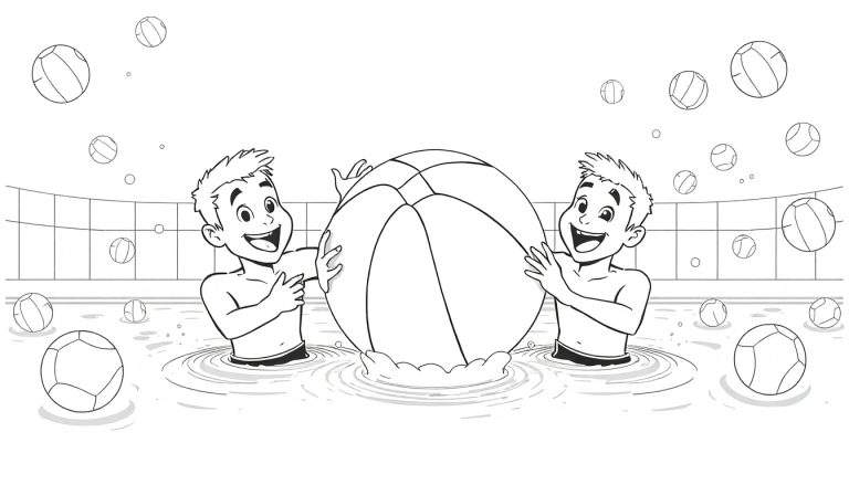 Dois rapazes sorridentes jogam com uma grande bola de praia numa piscina, com uma rede de voleibol ao fundo. Há mais bolas no ar e na água. Um color panel com uma atmosfera divertida.