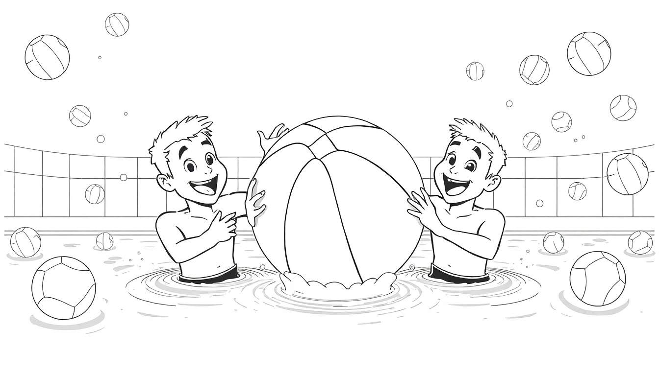 Dois rapazes sorridentes jogam com uma grande bola de praia numa piscina, com uma rede de voleibol ao fundo. Há mais bolas no ar e na água. Um color panel com uma atmosfera divertida.