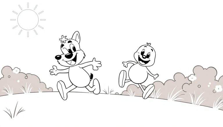 Um painel colorido de colorir com Bluey e Bingo correndo num dia ensolarado.