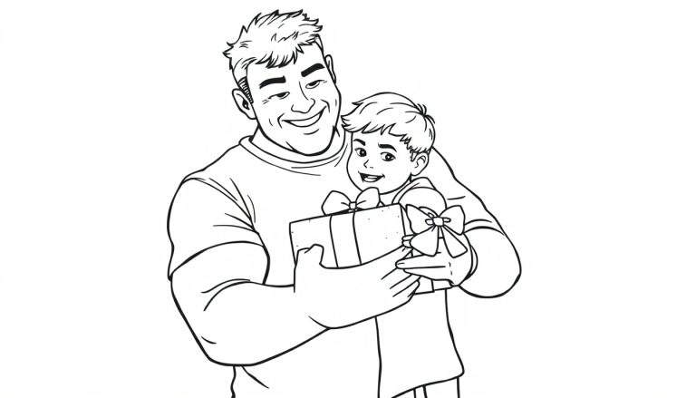 Um desenho em preto e branco de um homem musculoso e um menino se abraçando e segurando uma caixa de presente decorada. Um color panel para pintar.