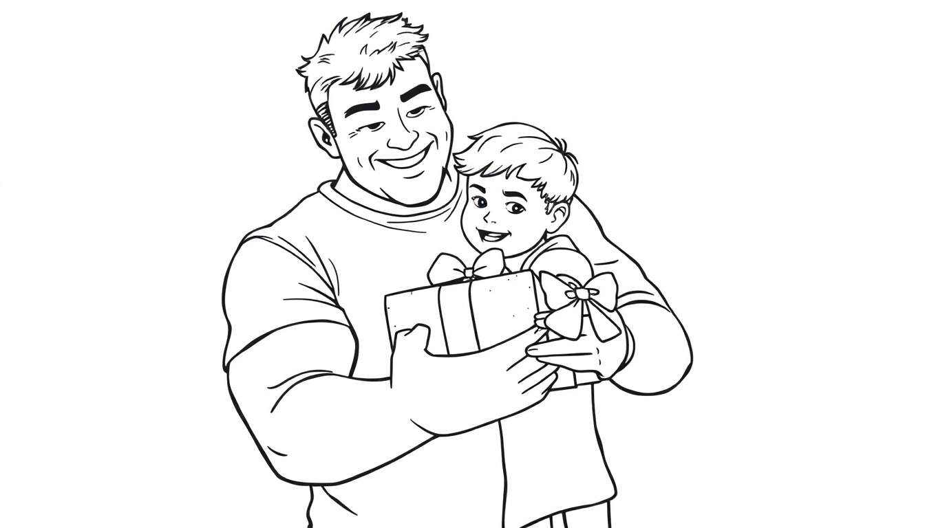 Um desenho em preto e branco de um homem musculoso e um menino se abraçando e segurando uma caixa de presente decorada. Um color panel para pintar.