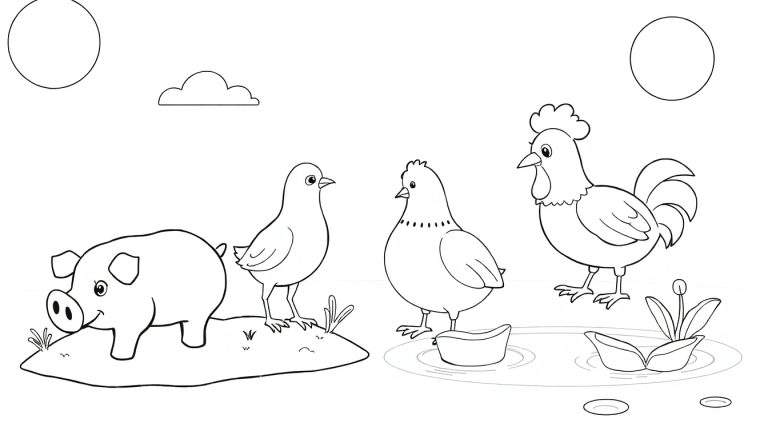 Um desenho a preto e branco de uma quinta com um porco, uma galinha com o seu pintinho, um galo e um pato num lago, com o sol e a lua no céu.