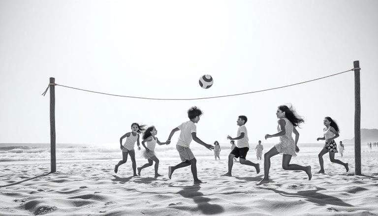 Crianças jogando voleibol na praia, a bola no ar sobre a rede, um dia ensolarado com o oceano ao fundo.
