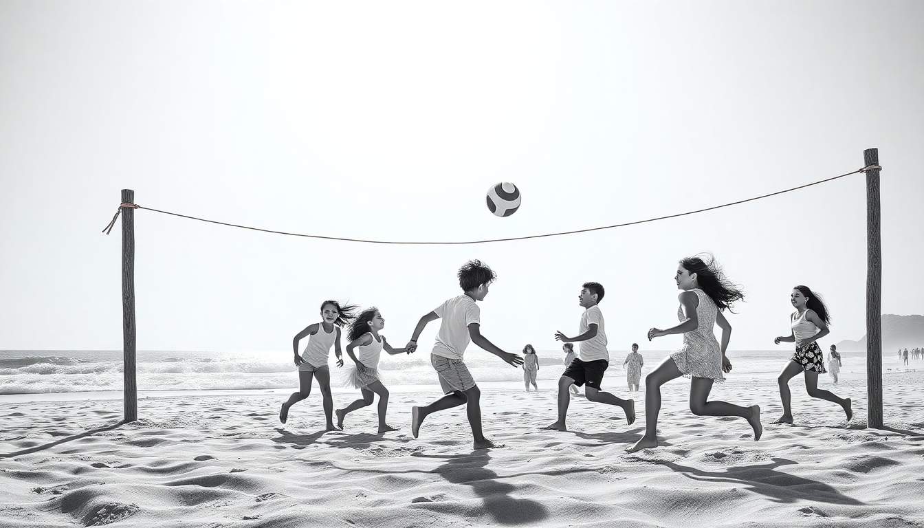 Crianças jogando voleibol na praia, a bola no ar sobre a rede, um dia ensolarado com o oceano ao fundo.