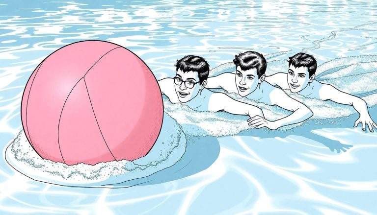 Três homens nadando alegremente com uma bola rosa num color panel.